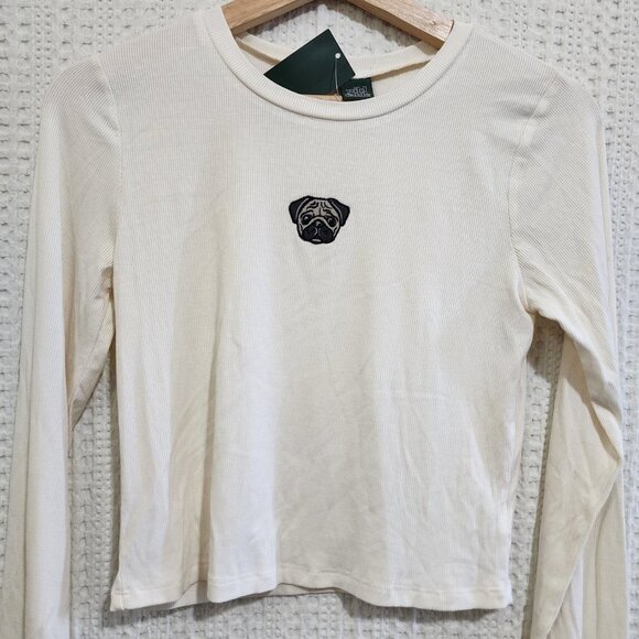 Wild Fable Pug Dog Ribbed Embroidered White Long Sleeve Crop Top Size Medium - Picture 6 of 13